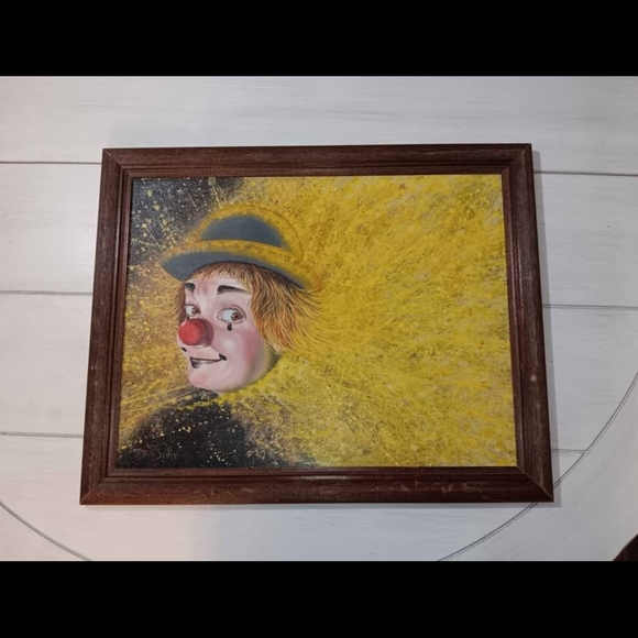 Colorful Clown Art Print in Brown Frame